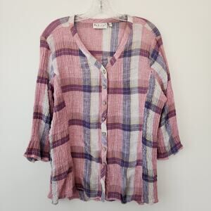 Habitat Top Womens L Pink Gray Plaid Crinkle Button Linen Blend Boho Chic Preppy